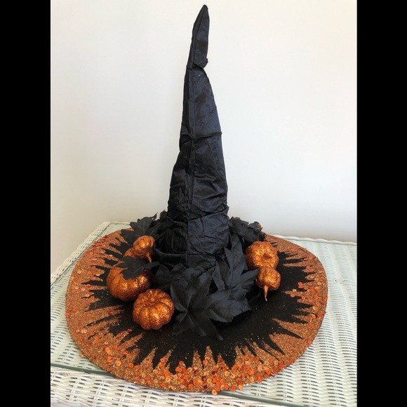 1 of Pumpkin patch witch hat Orange sparkles top & under brim black leaves 18"h - Picture 10 of 16